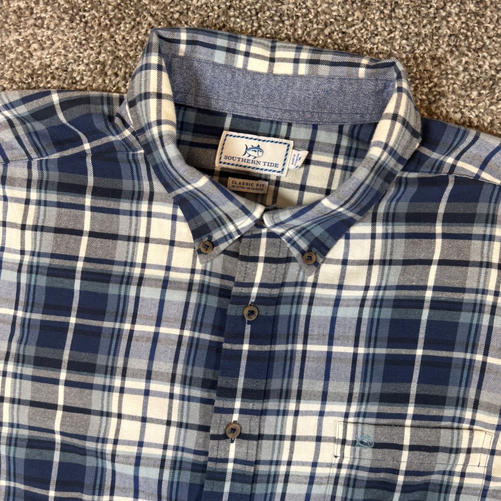 Southern Tide Mens XXL Blue White Flannel Purser Plaid Classic Button Down Shirt